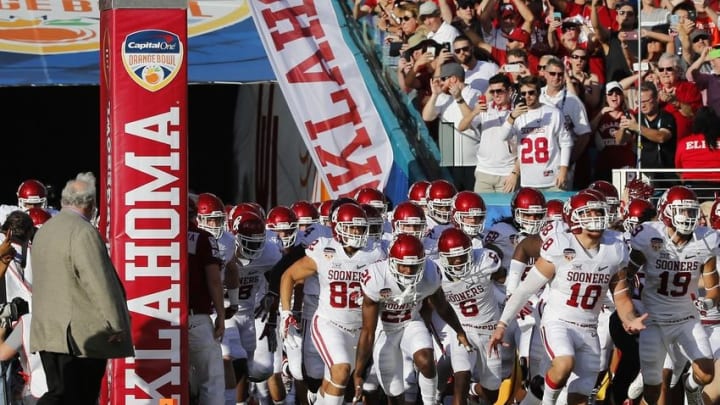 Dec 31, 2015; Miami Gardens, FL, USA; Oklahoma Sooners tight end Mark Andrews (81) celebrates after a touchdown against the Clemson Tigers during the second quarter of the 2015 CFP semifinal at the Orange Bowl at Sun Life Stadium. Mandatory Credit: Tommy Gilligan-USA TODAY Sports