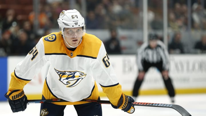 ANAHEIM, CALIFORNIA – MARCH 12: Mikael Granlund #64 of the Nashville Predators  (Photo by Katharine Lotze/Getty Images)