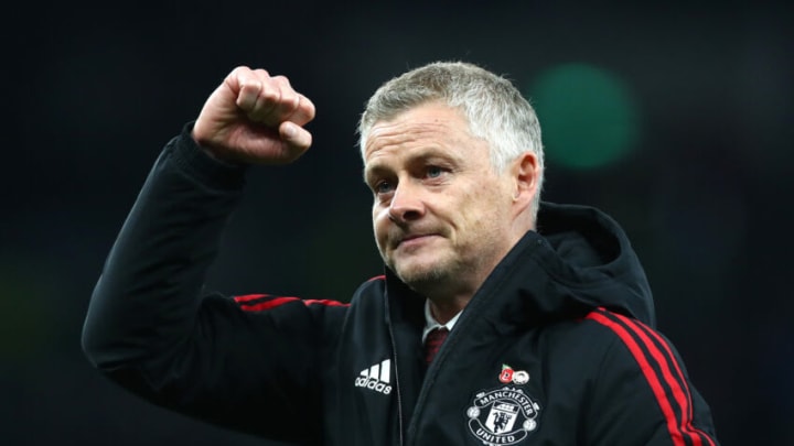 LONDON, ENGLAND - OCTOBER 30: Manchester United Manager Ole Gunnar Solskjaer celebrates towards the fans after the Premier League match between Tottenham Hotspur and Manchester United at Tottenham Hotspur Stadium on October 30, 2021 in London, England. (Photo by Chloe Knott - Danehouse/Getty Images)