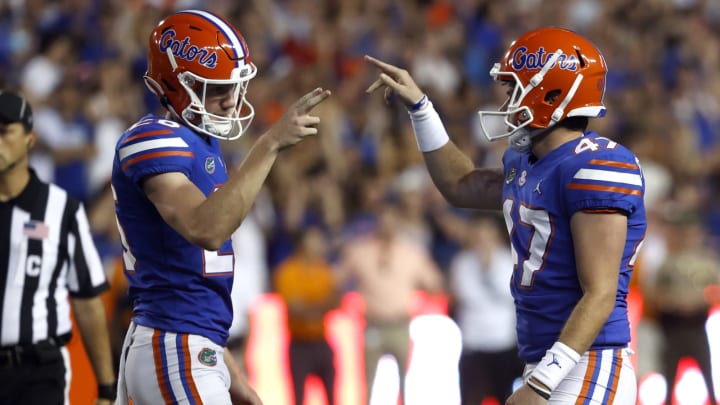 Sep 25, 2021; Gainesville, Florida, USA; Florida Gators place kicker Jace Christmann (47) celebrates after making a field goal against the Tennessee Volunteers during the first quarter at Ben Hill Griffin Stadium. Mandatory Credit: Kim Klement-USA TODAY Sports