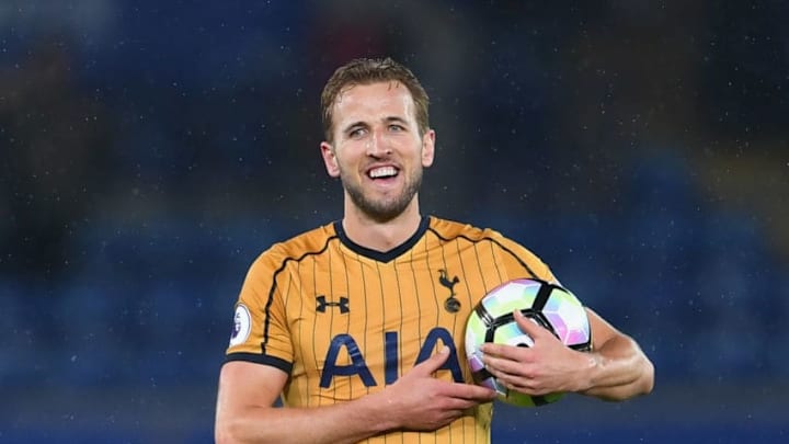 LEICESTER, ENGLAND - MAY 18: Harry Kane of Tottenham Hotspur celebrates with the match ball as he scores four goals during the Premier League match between Leicester City and Tottenham Hotspur at The King Power Stadium on May 18, 2017 in Leicester, England. (Photo by Laurence Griffiths/Getty Images)