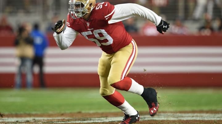 December 20, 2014; Santa Clara, CA, USA; San Francisco 49ers outside linebacker Aaron Lynch (59) during the fourth quarter against the San Diego Chargers at Levi's Stadium. The Chargers defeated the 49ers 38-35. Mandatory Credit: Kyle Terada-USA TODAY Sports