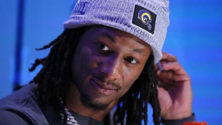 ATLANTA, GEORGIA - JANUARY 28: Running back Todd Gurley #30 of the Los Angeles Rams talks to the media during Super Bowl LIII Opening Night at State Farm Arena on January 28, 2019 in Atlanta, Georgia. (Photo by Kevin C. Cox/Getty Images)