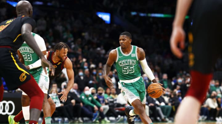 BOSTON, MASSACHUSETTS - DECEMBER 22: Joe Johnson #55 of the Boston Celtics brings the ball up court during the fourth quarter of the game against the Cleveland Cavaliers at TD Garden on December 22, 2021 in Boston, Massachusetts. NOTE TO USER: User expressly acknowledges and agrees that, by downloading and or using this photograph, User is consenting to the terms and conditions of the Getty Images License Agreement. (Photo by Omar Rawlings/Getty Images)