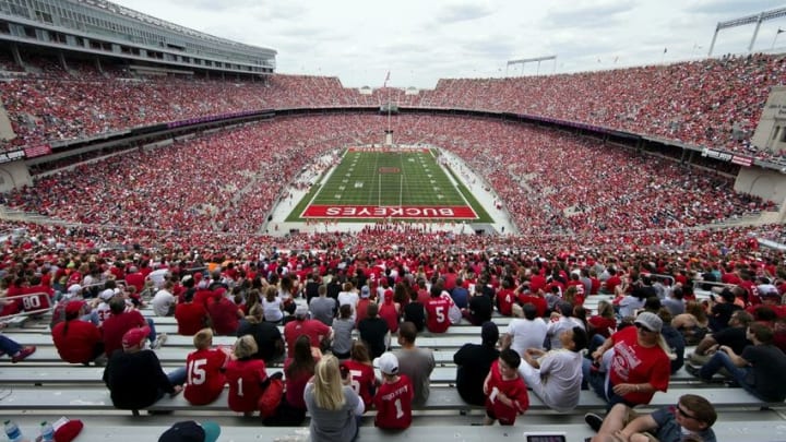 Apr 18, 2015; Columbus, OH, USA; A general view of over 100,000 fans attending the Ohio State Spring Game at Ohio Stadium. The Gray team won the game 17-14. Mandatory Credit: Greg Bartram-USA TODAY Sports