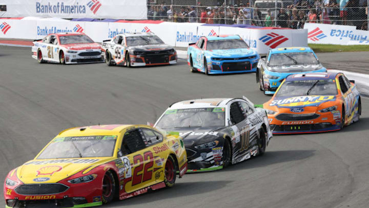 CHARLOTTE, NC - SEPTEMBER 30: #22: Joey Logano, Team Penske, Ford Fusion Shell Pennzoil, #10: Aric Almirola, Stewart-Haas Racing, Ford Fusion Smithfield and all the racers during the Monster Energy NASCAR Cup Series Playoff Race Bank of America ROVAL 400 on September 30, 2018, at Charlotte Motor Speedway in Concord, NC. (Photo by Jaylynn Nash/Icon Sportswire via Getty Images)
