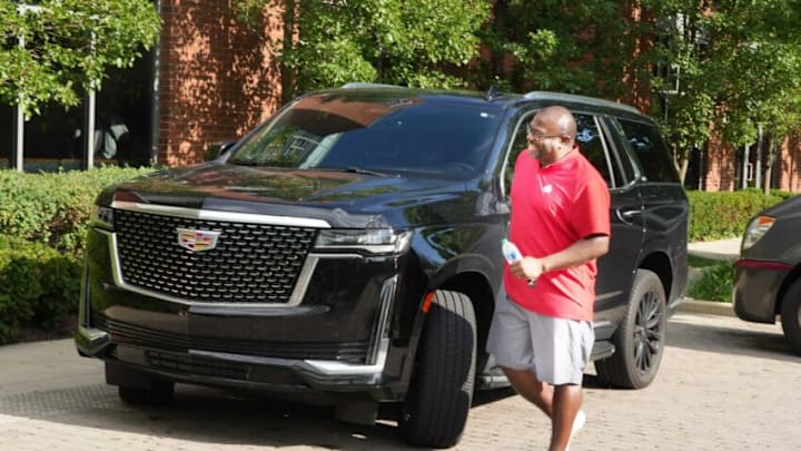 Coach Tony Alford of the Ohio State University football team checks into the Hyatt Grandview on Sunday, August 8, 2022. They will stay in the hotel for 13 days during fall training camp.Ohio State Football Hotel