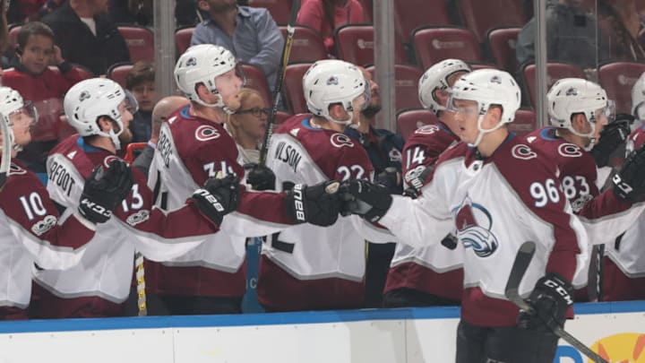 SUNRISE, FL - DECEMBER 9: Mikko Rantanen #96 of the Colorado Avalanche is congratulated by teammates after scoring a first period goal against the Florida Panthers at the BB&T Center on December 9, 2017 in Sunrise, Florida. (Photo by Joel Auerbach/Getty Images)