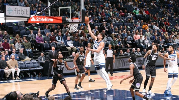 MINNEAPOLIS, MN - FEBRUARY 25: Dario Saric #36 of the Minnesota Timberwolves shoots the ball against the Sacramento Kings on February 25, 2019 at Target Center in Minneapolis, Minnesota. NOTE TO USER: User expressly acknowledges and agrees that, by downloading and or using this Photograph, user is consenting to the terms and conditions of the Getty Images License Agreement. Mandatory Copyright Notice: Copyright 2019 NBAE (Photo by David Sherman/NBAE via Getty Images)