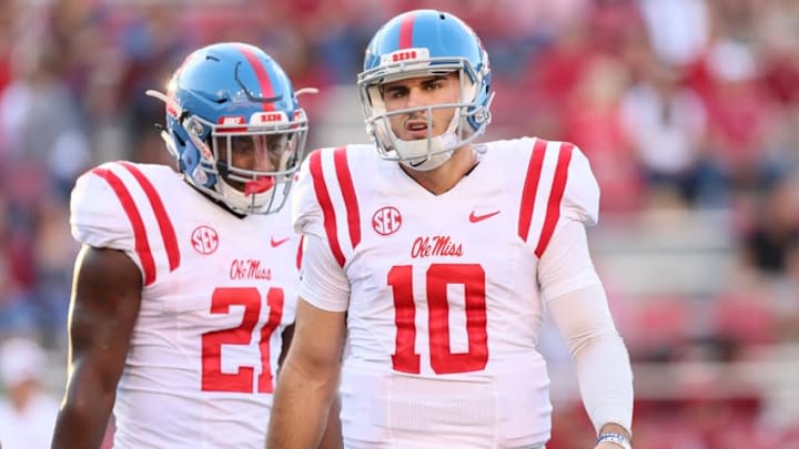 Oct 15, 2016; Fayetteville, AR, USA; Ole Miss Rebels running back Akeem Judd (21) and quarterback Chad Kelly (10) prior to the game against the Arkansas Razorbacks at Donald W. Reynolds Razorback Stadium. Mandatory Credit: Nelson Chenault-USA TODAY Sports