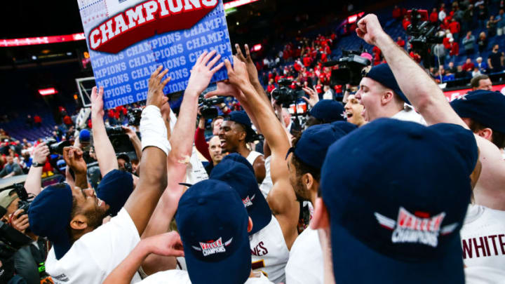 ST. LOUIS, MO - MARCH 04: Members of the Loyola (Il) Ramblers celebrate their victory at the conclusion of the second half of a Missouri Valley Conference Tournament Championship basketball game. The Loyola (Il) Ramblers defeated the Illinois State Redbirds 65-49 on March 4, 2018, at Scottrade Center in St. Louis, MO. (Photo by Tim Spyers/Icon Sportswire via Getty Images)