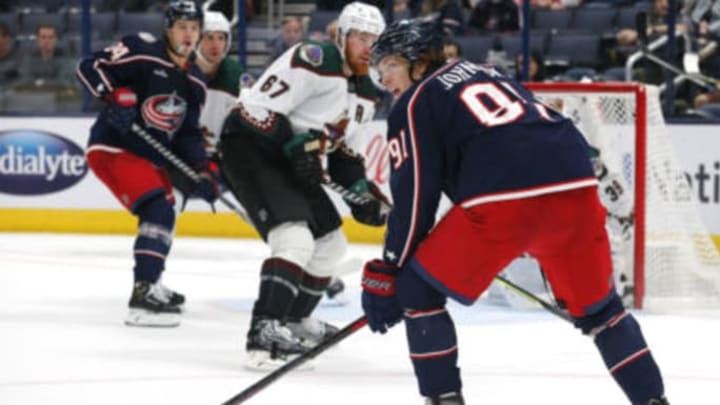 Oct 25, 2022; Columbus, Ohio, USA; Columbus Blue Jackets left wing Kent Johnson (91) waits for a pass against the Arizona Coyotes during the third period at Nationwide Arena. Mandatory Credit: Russell LaBounty-USA TODAY Sports