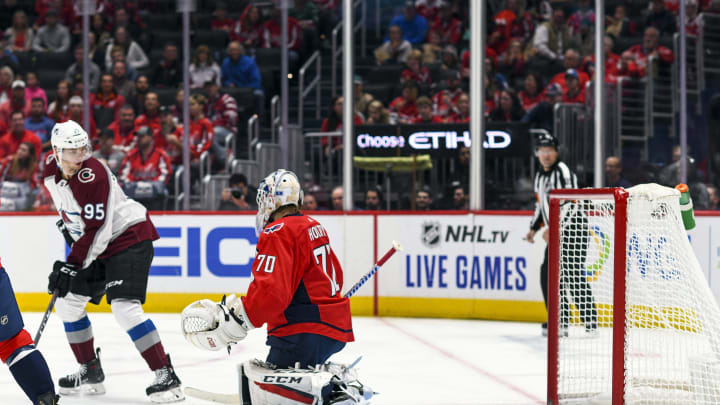 WASHINGTON, DC – OCTOBER 14: Colorado Avalanche left wing Andre Burakovsky (95) assists on a first period goal against Washington Capitals goaltender Braden Holtby (70) on October 14, 2019, at the Capital One Arena in Washington, D.C. (Photo by Mark Goldman/Icon Sportswire via Getty Images)
