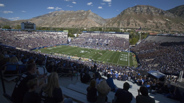 PROVO, UT- SEPTEMBER 22: The Wasatch Mountain range is the back drop for the LaVell Edwards Stadium during the game between the BYU Cougars and the McNeese State Cowboys on September 22, 2018 in Provo, Utah. (Photo by Chris Gardner/Getty Images)