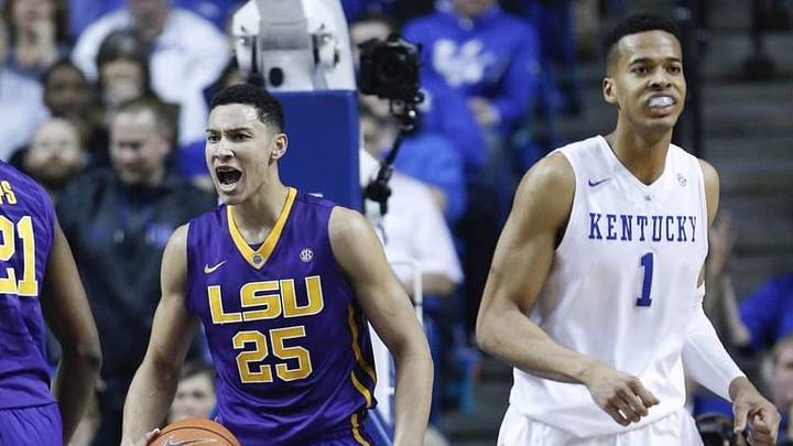 Mar 5, 2016; Lexington, KY, USA; LSU Tigers forward Ben Simmons (25) reacts in front of Kentucky Wildcats forward Skal Labissiere (1) in the first half at Rupp Arena. Mandatory Credit: Mark Zerof-USA TODAY Sports Mar 5, 2016; Lexington, KY, USA; LSU Tigers forward Ben Simmons (25) reacts in front of Kentucky Wildcats forward Skal Labissiere (1) in the first half at Rupp Arena. Mandatory Credit: Mark Zerof-USA TODAY Sports