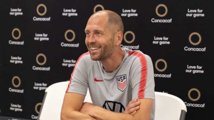 GEORGE TOWN, CAYMAN ISLANDS - NOVEMBER 18: Gregg Berhalter speaks to media before training at Truman Bodden Sports Complex on November 18, 2019 in George Town, Cayman Islands. (Photo by John Dorton/ISI Photos/Getty Images)