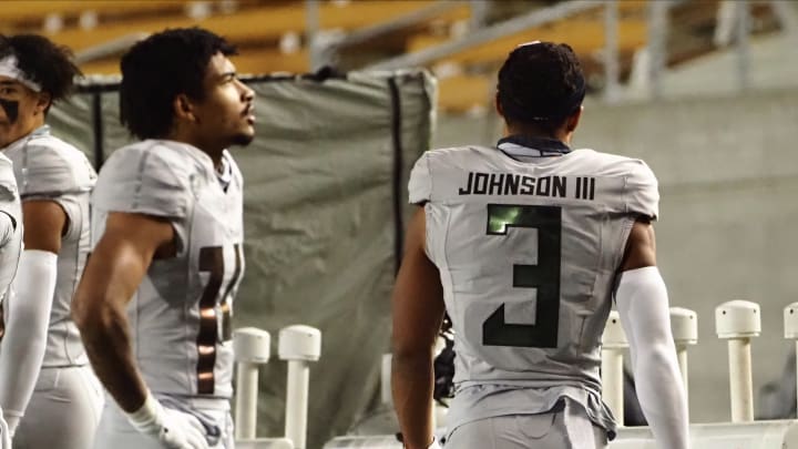 Dec 5, 2020; Berkeley, California, USA; Oregon Ducks wide receiver Johnny Johnson III (3) reacts on the sideline with wide receiver Kris Hutson (14) after a fumble against the California Golden Bears in the final minute of the game at California Memorial Stadium. Mandatory Credit: Kelley L Cox-USA TODAY Sports