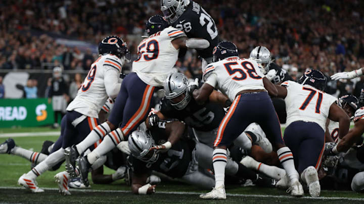 LONDON, ENGLAND - OCTOBER 06: Josh Jacobs of Oakland Raiders scores the winning touchdown during the game between Chicago Bears and Oakland Raiders at Tottenham Hotspur Stadium on October 06, 2019 in London, England. (Photo by Christopher Lee/Getty Images)