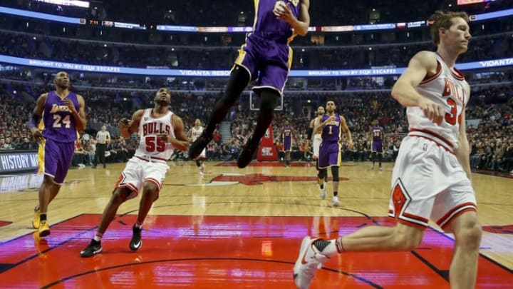 Feb 21, 2016; Chicago, IL, USA; Los Angeles Lakers guard Jordan Clarkson (6) scores against the Chicago Bulls during the first half at United Center. Mandatory Credit: Kamil Krzaczynski-USA TODAY Sports