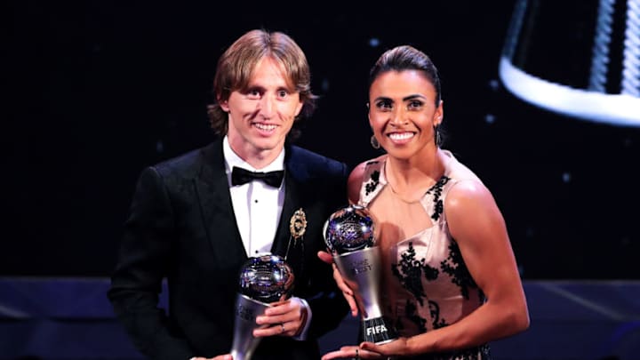 LONDON, ENGLAND - SEPTEMBER 24: Luka Modric of Real Madrid (L) and Marta of Orland Pride pose for a photo during the The Best FIFA Football Awards Show at Royal Festival Hall on September 24, 2018 in London, England. (Photo by Dan Istitene/Getty Images)
