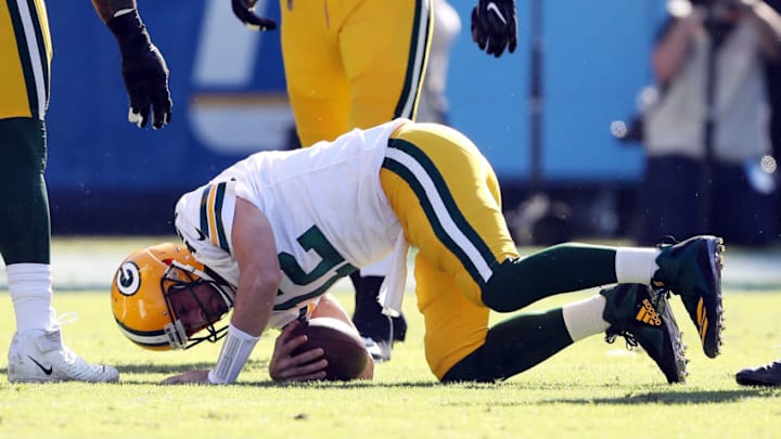 CARSON, CALIFORNIA - NOVEMBER 03: Joey Bosa #97 of the Los Angeles Chargers (not pictured) sacks Aaron Rodgers #12 of the Green Bay Packers during the first half at Dignity Health Sports Park on November 03, 2019 in Carson, California. (Photo by Sean M. Haffey/Getty Images)