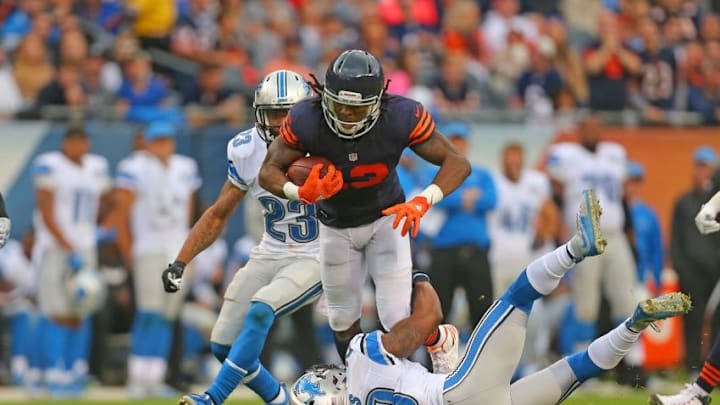 Oct 2, 2016; Chicago, IL, USA; Chicago Bears wide receiver Kevin White (13) is tackled by Detroit Lions cornerback Quandre Diggs (28) during the first half at Soldier Field. Mandatory Credit: Dennis Wierzbicki-USA TODAY Sports