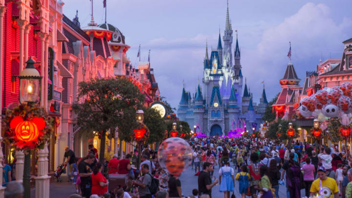 Eerie lighting, fall dcor and Mickey Mouse-shaped Jack-O-Lanterns set the stage at Magic Kingdom for Mickey's Not-So-Scary Halloween Party. The family-friendly after-hours event offers trick-or-treating, meet and greets with favorite characters in costume, plus the must-see "Mickey's Boo-to-You Halloween Parade" and "Happy HalloWishes" fireworks display. Mickey's Not-So-Scary Halloween Party is a special ticket event and takes place on select nights each fall at Walt Disney World Resort in Lake Buena Vista, Fla. (David Roark, photographer)