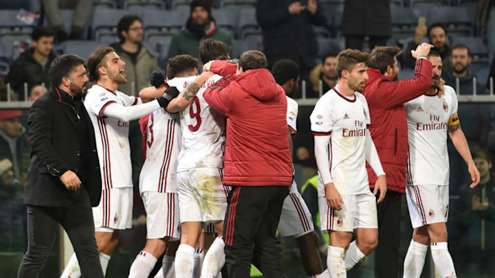 GENOA, GE - MARCH 11: Milan players celebrate at the end of the serie A match between Genoa CFC and AC Milan at Stadio Luigi Ferraris on March 11, 2018 in Genoa, Italy. (Photo by Paolo Rattini/Getty Images)