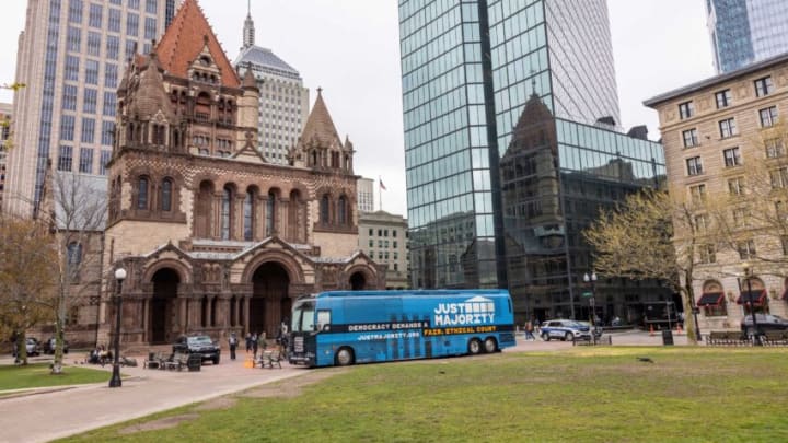 BOSTON, MASSACHUSETTS - APRIL 24: The "Just Majority" Supreme Court Accountability Campaign" bus in Copley Square on April 24, 2023 in Boston, Massachusetts. (Photo by Scott Eisen/Getty Images for Just Majority)