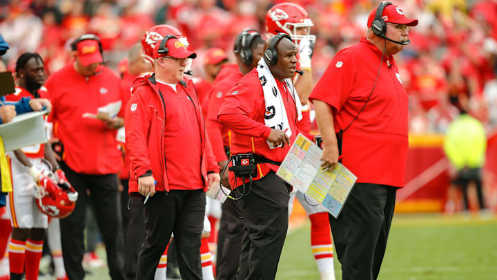 KANSAS CITY, MO – SEPTEMBER 22: Kansas City Chiefs offenisve coordinator Eric Bieniemy watches the offensive unit with head coach Andy Reid of the Kansas City Chiefs, right, at Arrowhead Stadium on September 22, 2019 in Kansas City, Missouri. (Photo by David Eulitt/Getty Images)