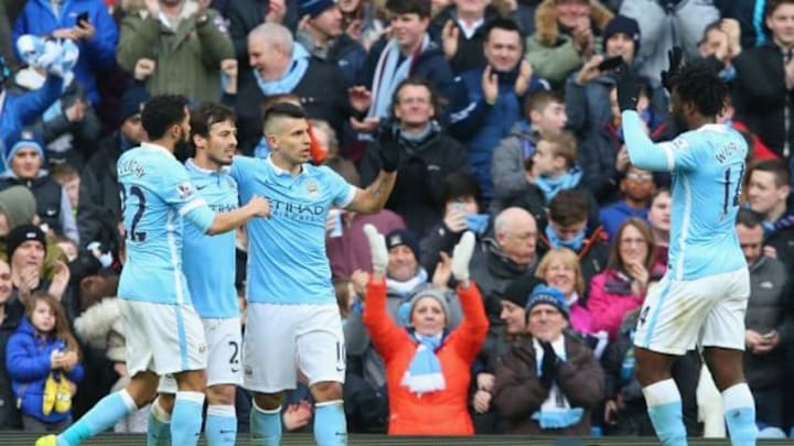 MANCHESTER, ENGLAND - MARCH 05: Sergio Aguero (3rd L) of Manchester City celebrates scoring his team's third goal with his team mates during the Barclays Premier League match between Manchester City and Aston Villa at Etihad Stadium on March 5, 2016 in Manchester, England. (Photo by Alex Livesey/Getty Images)