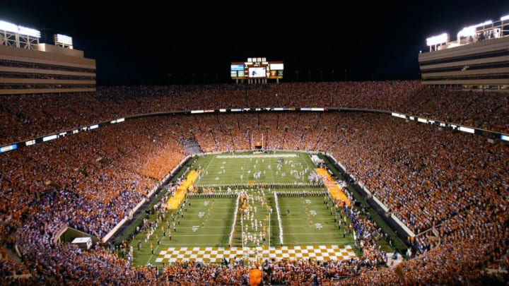 KNOXVILLE, TN - SEPTEMBER 18: A general view of the Tennessee Volunteers running onto the field during their game against the Florida Gators on September 18, 2004 at Neyland Stadium in Knoxville, Tennessee. A new attendance record was set. (Photo by Streeter Lecka/Getty Images)
