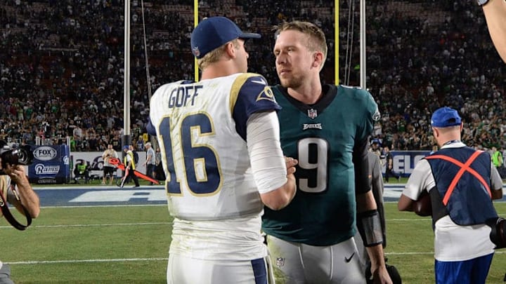 LOS ANGELES, CA - DECEMBER 10: Jared Goff #16 of the Los Angeles Rams and Nick Foles #9 of the Philadelphia Eagles shake hands after their game at the Los Angeles Memorial Coliseum on December 10, 2017 in Los Angeles, California. (Photo by Kevork Djansezian/Getty Images)
