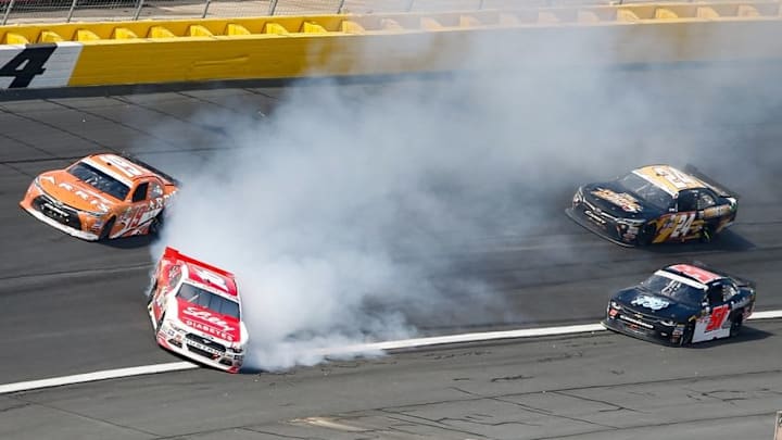 May 28, 2016; Concord, NC, USA; Xfinity Series driver Ryan Reed (16) spins in turn four during the Hisense 4K TV 300 at Charlotte Motor Speedway. Mandatory Credit: Jim Dedmon-USA TODAY Sports