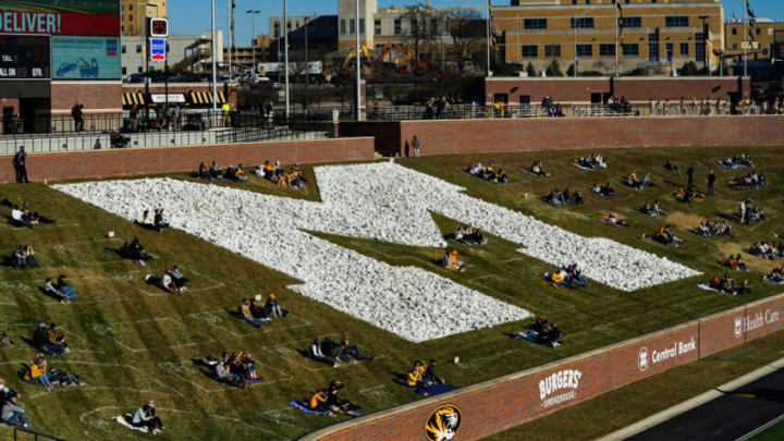 Dec 5, 2020; Columbia, Missouri, USA; Missouri Tigers fans socially distance during the second half against the Arkansas Razorbacks at Faurot Field at Memorial Stadium. Mandatory Credit: Jay Biggerstaff-USA TODAY Sports