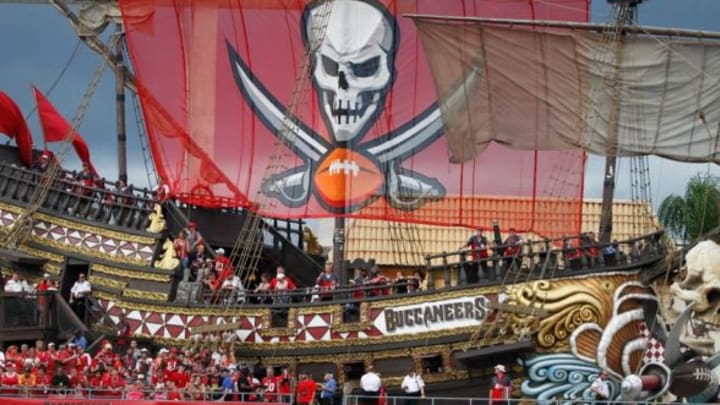 Sep 7, 2014; Tampa, FL, USA; Tampa Bay Buccaneers pirate ship in the end zone during the second half against the Carolina Panthers at Raymond James Stadium. Carolina Panthers defeated the Tampa Bay Buccaneers 20-14. Mandatory Credit: Kim Klement-USA TODAY Sports