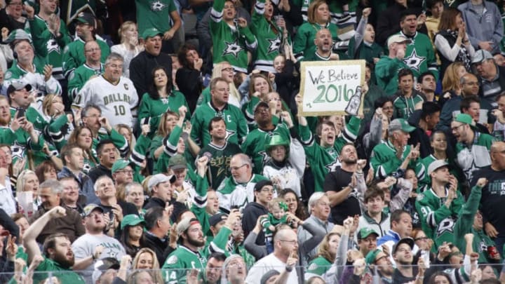 DALLAS, TX - APRIL 9: The Dallas Stars fans cheer on their team against the Nashville Predators at the American Airlines Center on April 9, 2016 in Dallas, Texas. (Photo by Glenn James/NHLI via Getty Images) *** Local Caption ***