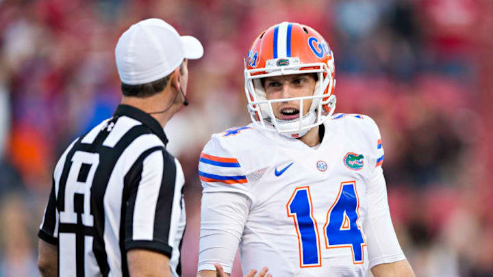 FAYETTEVILLE, AR - NOVEMBER 5: Luke Del Rio #14 of the Florida Gators complains to an official during a game against the Arkansas Razorbacks at Razorback Stadium on November 5, 2016 in Fayetteville, Arkansas. The Razorbacks defeated the Gators 31-10. (Photo by Wesley Hitt/Getty Images) FAYETTEVILLE, AR - NOVEMBER 5: Luke Del Rio #14 of the Florida Gators complains to an official during a game against the Arkansas Razorbacks at Razorback Stadium on November 5, 2016 in Fayetteville, Arkansas. The Razorbacks defeated the Gators 31-10. (Photo by Wesley Hitt/Getty Images)
