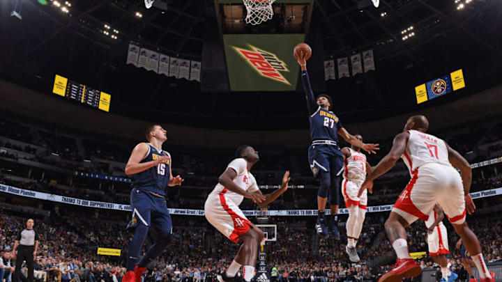 DENVER, CO - NOVEMBER 20: Jamal Murray #27 of the Denver Nuggets drives to the basket against the Houston Rockets on November 20, 2019 at the Pepsi Center in Denver, Colorado. NOTE TO USER: User expressly acknowledges and agrees that, by downloading and/or using this Photograph, user is consenting to the terms and conditions of the Getty Images License Agreement. Mandatory Copyright Notice: Copyright 2019 NBAE (Photo by Garrett Ellwood/NBAE via Getty Images)