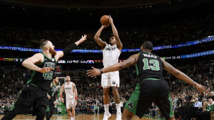 BOSTON, MA - MARCH 14: Bradley Beal #3 of the Washington Wizards shoots the ball against the Boston Celtics on March 14, 2018 at the TD Garden in Boston, Massachusetts. NOTE TO USER: User expressly acknowledges and agrees that, by downloading and or using this photograph, User is consenting to the terms and conditions of the Getty Images License Agreement. Mandatory Copyright Notice: Copyright 2018 NBAE (Photo by Brian Babineau/NBAE via Getty Images)