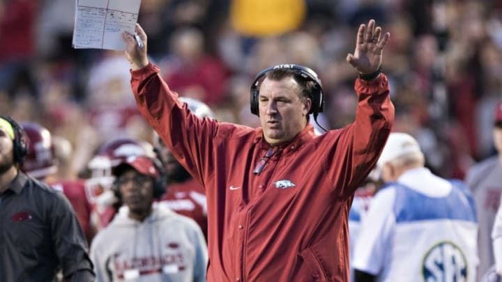 FAYETTEVILLE, AR - NOVEMBER 24: Head Coach Bret Bielema of the Arkansas Razorbacks signals to the officials during a game against the Missouri Tigers at Razorback Stadium on November 24, 2017 in Fayetteville, Arkansas. The Tigers defeated the Razorbacks 48-45. (Photo by Wesley Hitt/Getty Images)