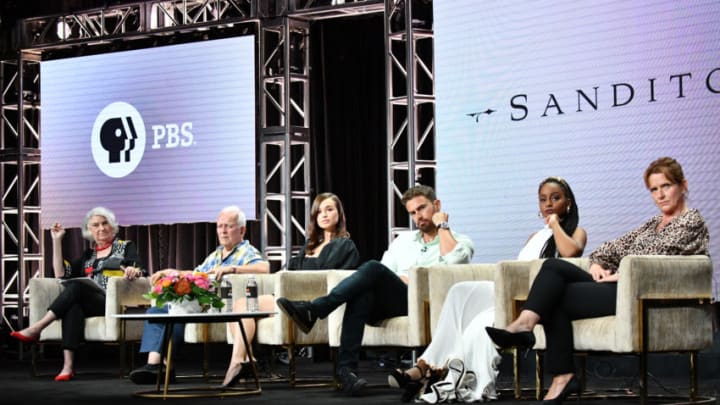 BEVERLY HILLS, CALIFORNIA - JULY 29: (L-R) Rebecca Eaton, Andrew Davies, Rose Williams, Theo James, Crystal Clarke and Belinda Campbell of Sanditon speak during the PBS segment of the Summer 2019 Television Critics Association Press Tour 2019 at The Beverly Hilton Hotel on July 29, 2019 in Beverly Hills, California. (Photo by Amy Sussman/Getty Images)