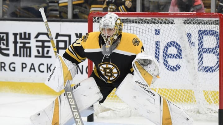 BOSTON, MA - NOVEMBER 10: Dan Vladar #80 of the Boston Bruins during warmups before the game against the Toronto Maple Leafs at the TD Garden on November 10, 2018 in Boston, Massachusetts. (Photo by Brian Babineau/NHLI via Getty Images)