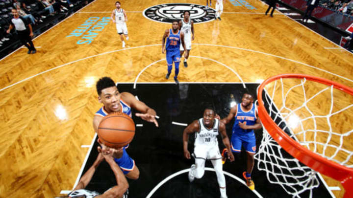 BROOKLYN, NY – OCTOBER 3: Allonzo Trier #14 of the New York Knicks shoots the ball against the Brooklyn Nets during a pre-season game on October 3, 2018 at Barclays Center in Brooklyn, New York. NOTE TO USER: User expressly acknowledges and agrees that, by downloading and or using this Photograph, user is consenting to the terms and conditions of the Getty Images License Agreement. Mandatory Copyright Notice: Copyright 2018 NBAE (Photo by Nathaniel S. Butler/NBAE via Getty Images)