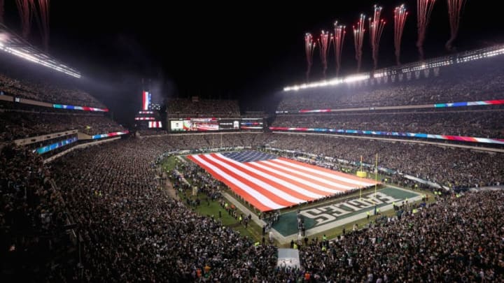 PHILADELPHIA, PA - JANUARY 21: An American flag is displayed on the field during the National Anthem prior to the NFC Championship game between the Philadelphia Eagles and the Minnesota Vikings at Lincoln Financial Field on January 21, 2018 in Philadelphia, Pennsylvania. (Photo by Patrick Smith/Getty Images) PHILADELPHIA, PA - JANUARY 21: An American flag is displayed on the field during the National Anthem prior to the NFC Championship game between the Philadelphia Eagles and the Minnesota Vikings at Lincoln Financial Field on January 21, 2018 in Philadelphia, Pennsylvania. (Photo by Patrick Smith/Getty Images)
