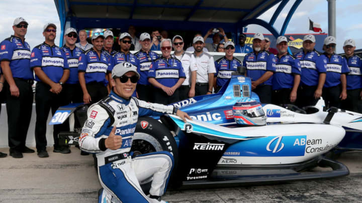 FORT WORTH, TEXAS - JUNE 07: Takuma Sato of Japan, driver of the #30 ABeam Consulting Honda, celebrates the Pole Award after the US Concrete Qualifying Day for the NTT IndyCar Series - DXC Technology 600 at Texas Motor Speedway on June 07, 2019 in Fort Worth, Texas. (Photo by Brian Lawdermilk/Getty Images)