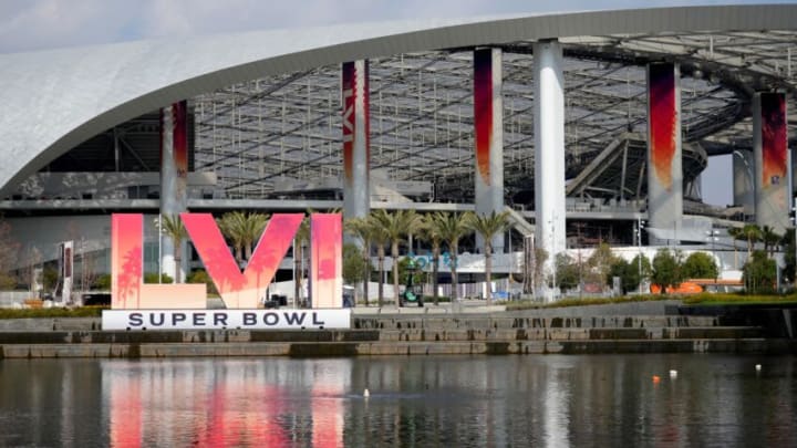 Feb 1, 2022; Inglewood, CA, USA; The Super Bowl LVI numerals logo is seen at SoFi Stadium. Super Bowl 56 between the Los Angeles Rams and the Cincinnati Bengals will be played on Feb. 13, 2022. Mandatory Credit: Kirby Lee-USA TODAY Sports