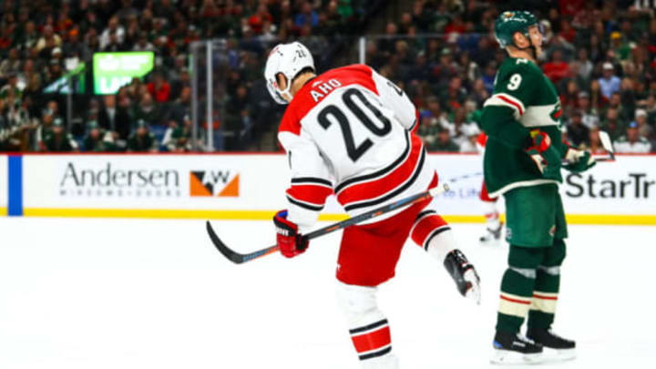 ST. PAUL, MN – OCTOBER 13: Carolina Hurricanes right wing Sebastian Aho (20) celebrates after scoring a goal on the powerplay in the 3rd period during the regular season game between the Carolina Hurricanes and the Minnesota Wild on October 13, 2018 at Xcel Energy Center in St. Paul, Minnesota. The Hurricanes defeated the Wild 5-4 in overtime. (Photo by David Berding/Icon Sportswire via Getty Images)