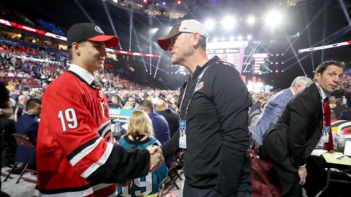 VANCOUVER, BRITISH COLUMBIA – JUNE 22: Jamieson Rees reacts after being selected 44th overall by the Carolina Hurricanes during the 2019 NHL Draft at Rogers Arena on June 22, 2019 in Vancouver, Canada. (Photo by Bruce Bennett/Getty Images)