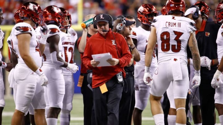 INDIANAPOLIS, IN - SEPTEMBER 02: Bobby Petrino the head coach of the Louisville Cardinals gives instructions to his team during the game against the Purdue Boilermakers at Lucas Oil Stadium on September 2, 2017 in Indianapolis, Indiana. (Photo by Andy Lyons/Getty Images)